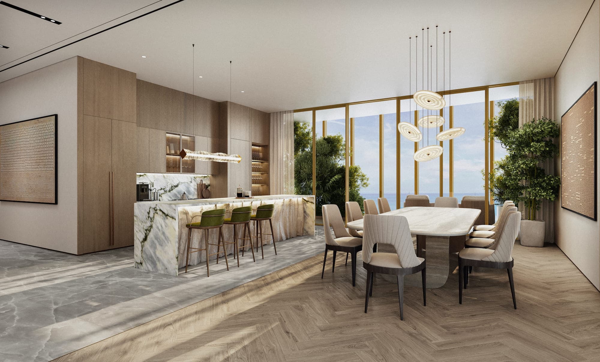 Modern dubaji luxuslakás kilátással a városra, kriptovalutás ingatlanbefektetés témában.